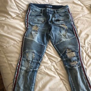 Embellish denim with red and green stripes